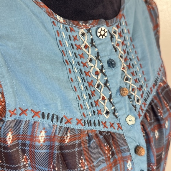 DejaVu Boho Plaid Embroidered Tunic Top Blue Brown western Peasant Large - Picture 3 of 13